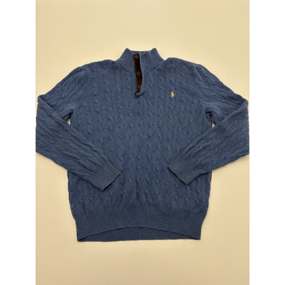 Polo Ralph Lauren Sweater Mens Blue Tussah Silk 1/4 Zip Cable Pullover XL VTG - Picture 1 of 5